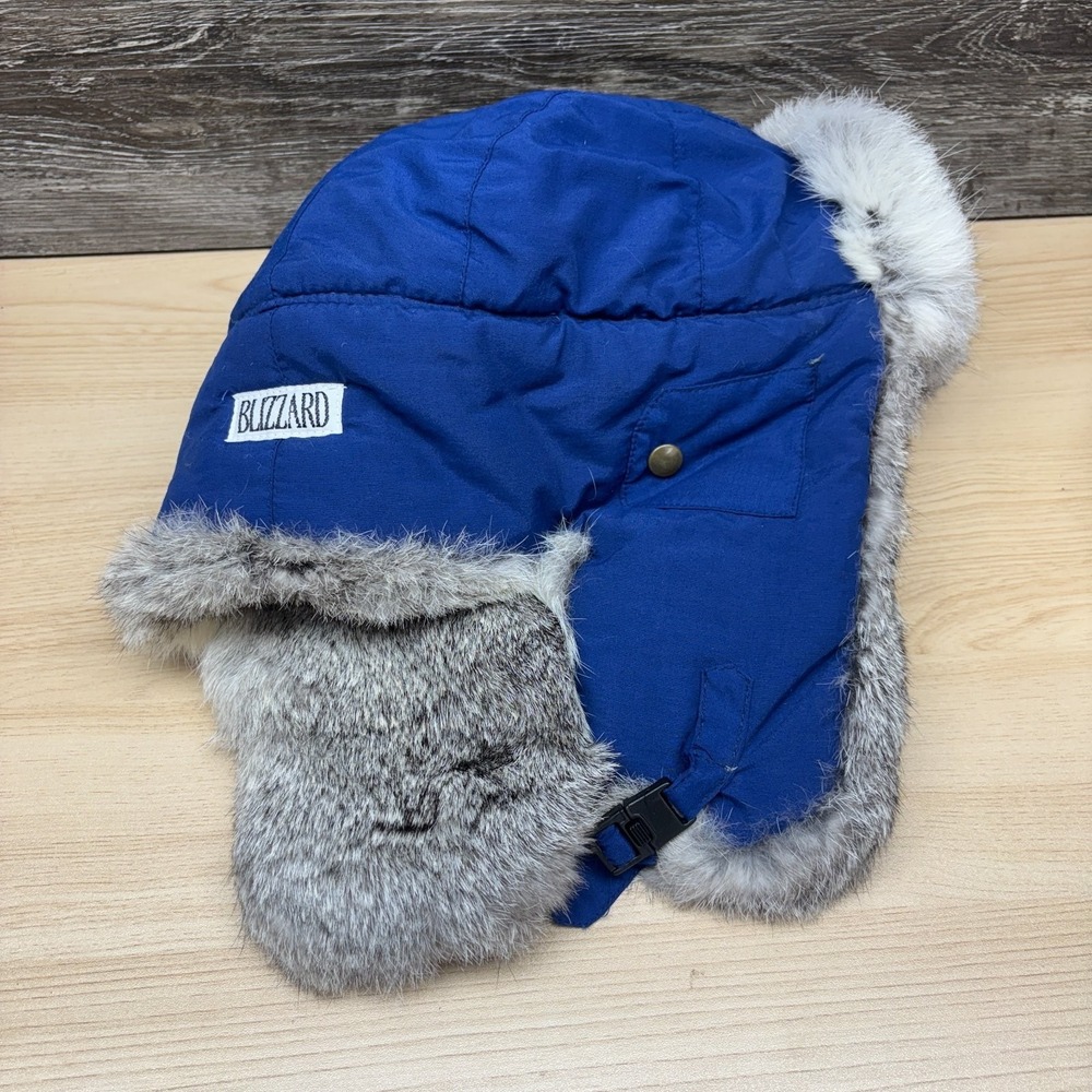 Blizzard Hat Cap Strap Back Blue Natural Rabbit Fur Ear Flaps Winter Bomber Snow